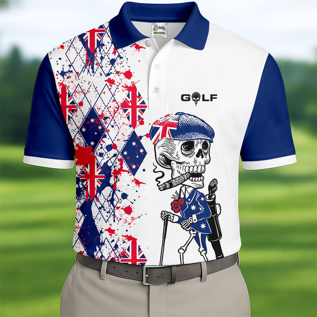 Swing Swear Look For Ball Repeat Australia Flag Print Skeleton Golfer Argyle Golf Shirt, Polo Shirts For Men