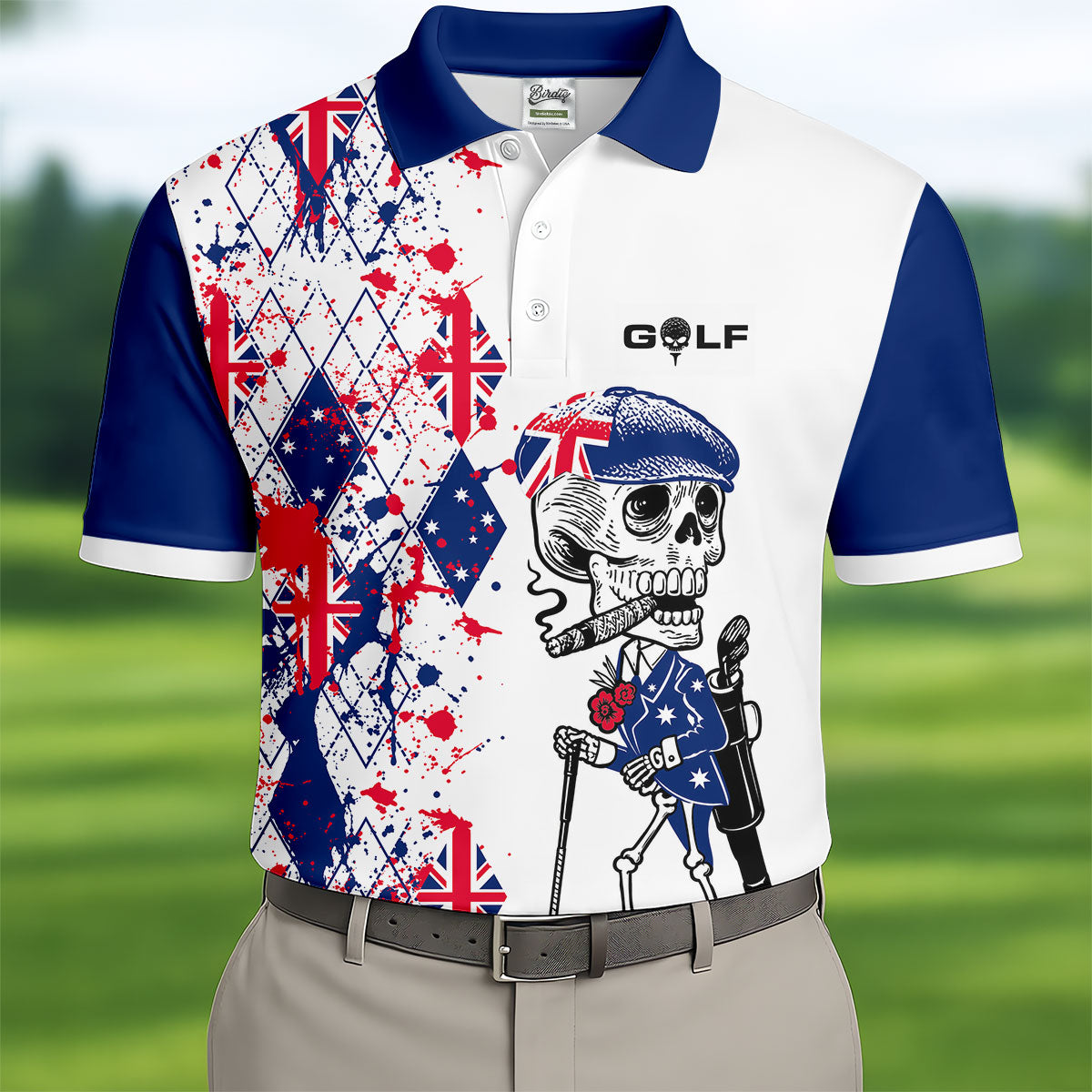 Swing Swear Look For Ball Repeat Australia Flag Print Skeleton Golfer Argyle Golf Shirt, Polo Shirts For Men