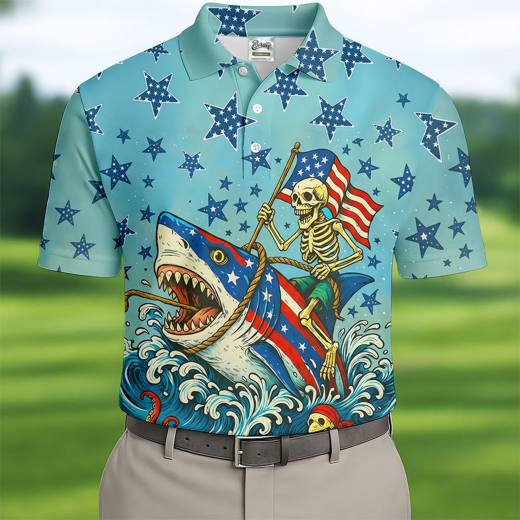 Skeleton Riding Shark Patriotic Golf Shirt, 4th Of July Golf Shirt, 250 Years Polo Shirts For Men