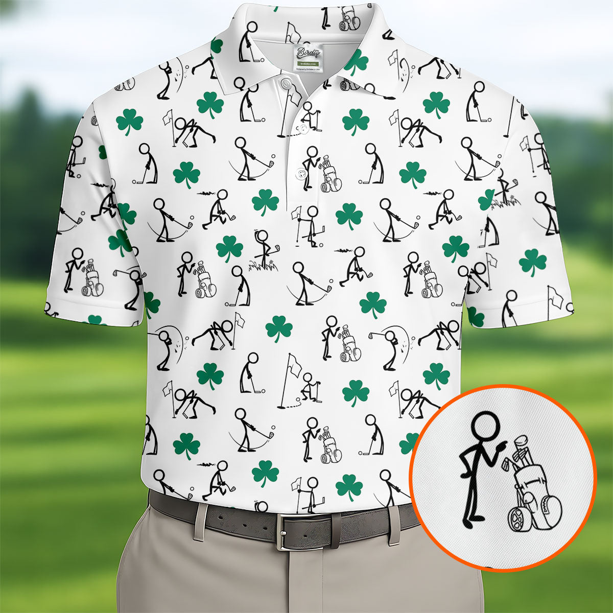 Stick Figure Golf Pose St Patrick's Day Shamrock White Golf Shirt, Polo Shirts For Men, Golf Shirts For Men