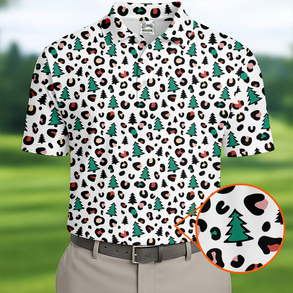 Leopard Pattern Xmas Pine Tree Golf Tops For Men, Christmas Golf Shirt, Cute Golf Outfit, Polo Shirts For Men
