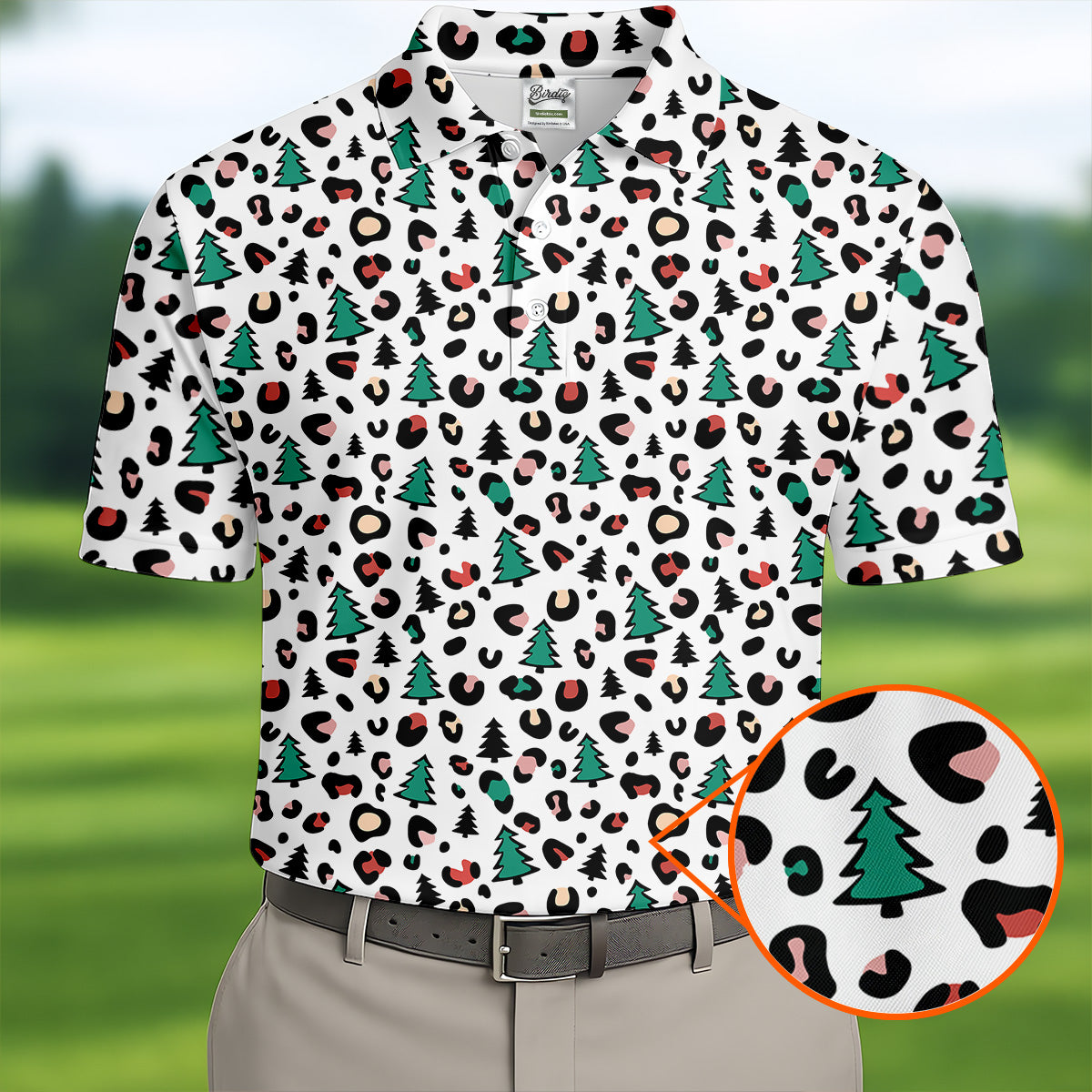 Leopard Pattern Xmas Pine Tree Golf Tops For Men, Christmas Golf Shirt, Cute Golf Outfit, Polo Shirts For Men