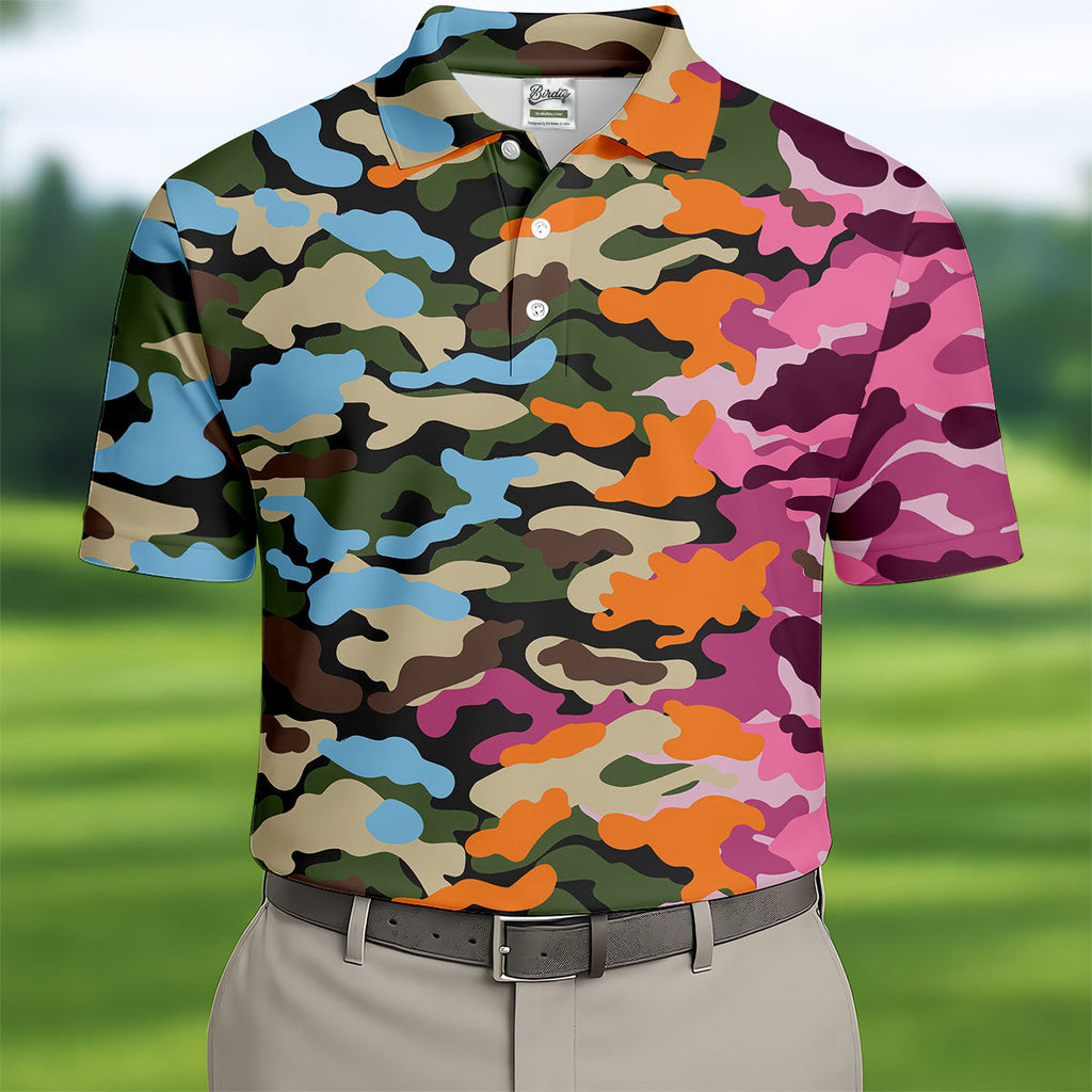 Rainbow Camouflage Golf Tops For Men, Cool Golf Outfit, Polo Shirts For Men, Golf Shirts For Men