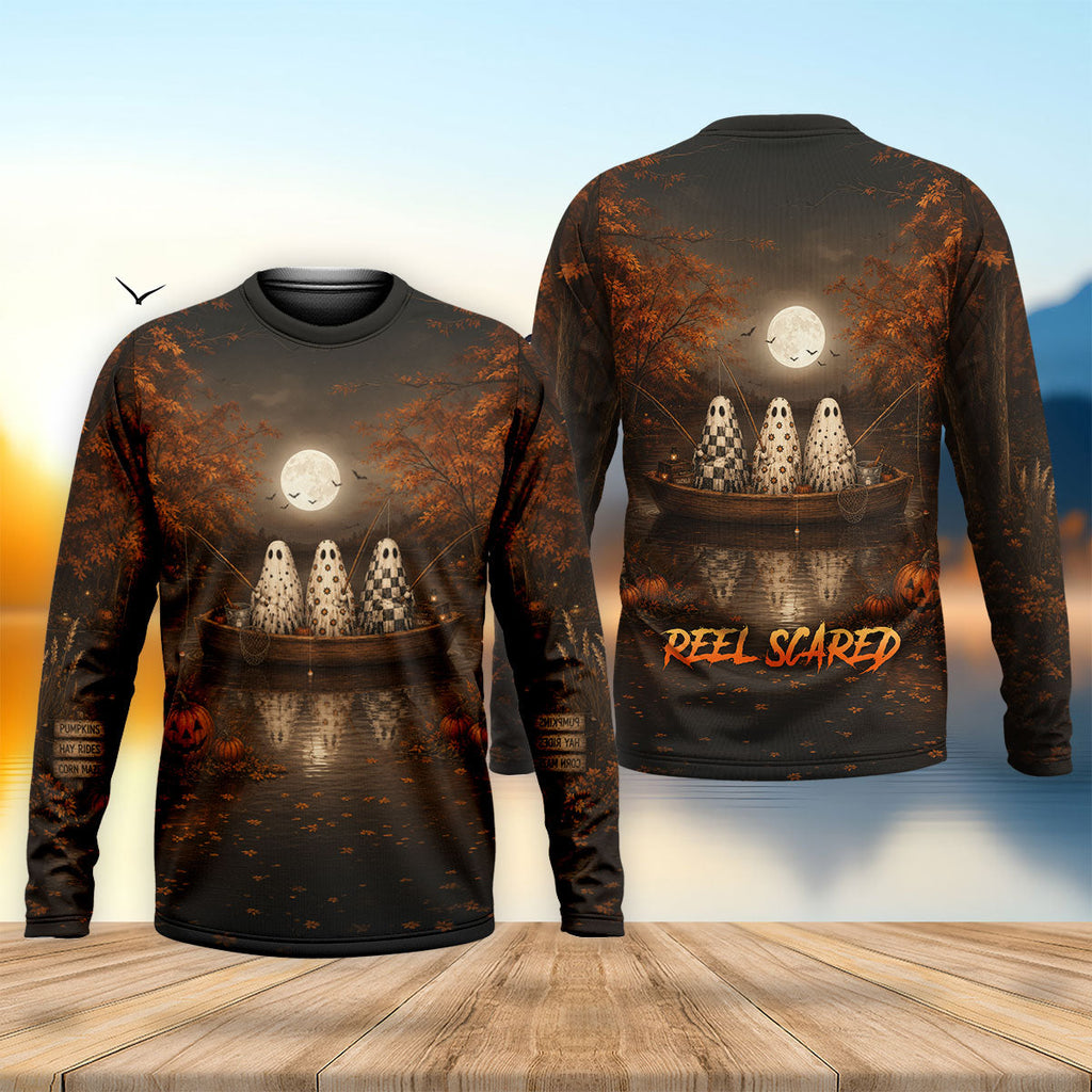Reel Scared Ghost Fishing Halloween Shirt, Fishing Shirts For Men, Long Sleeve Shirt