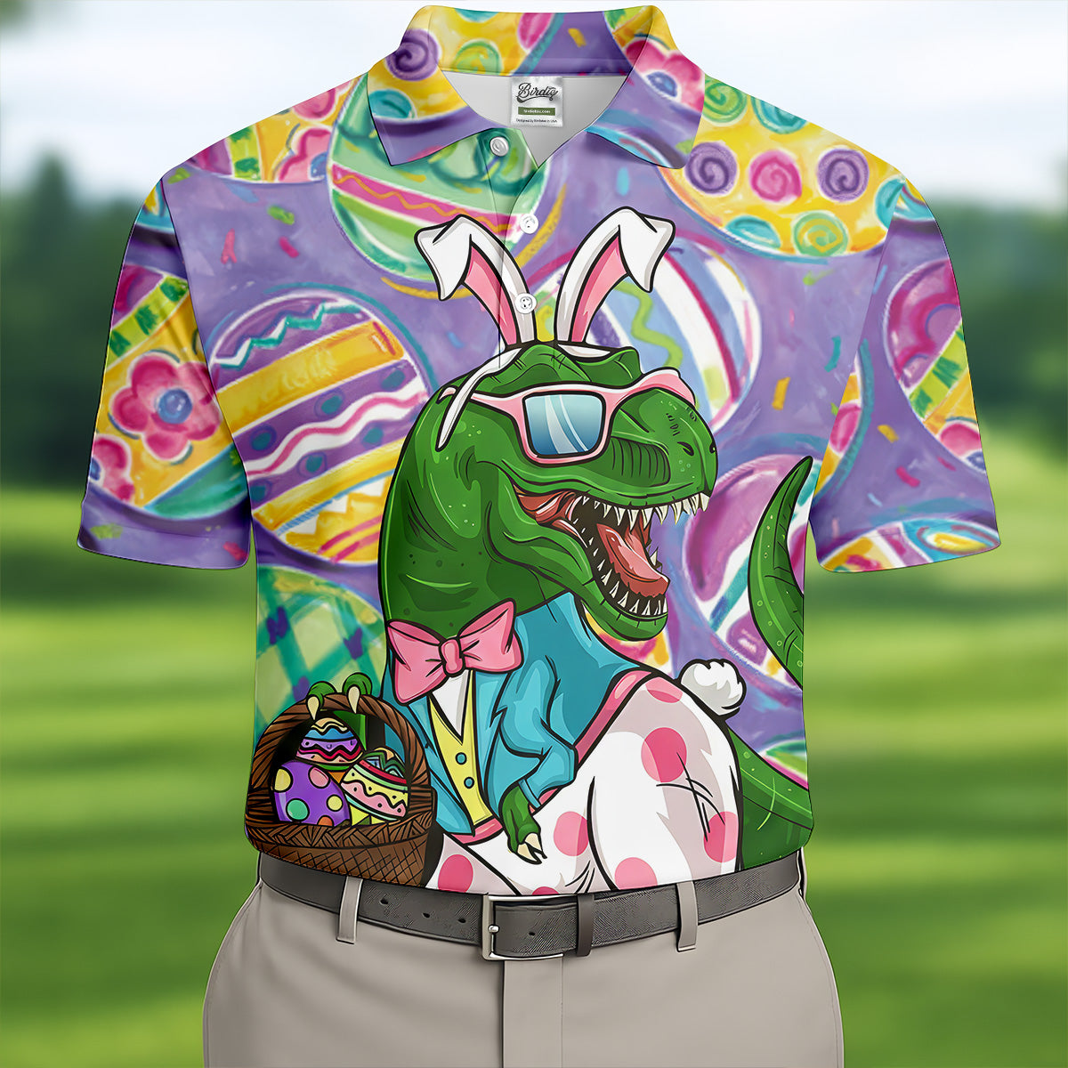 T-Rex Bunny Painted Easter Eggs Golf Shirts For Men, Men's Funny Golf Shirts, Polo Shirts For Men