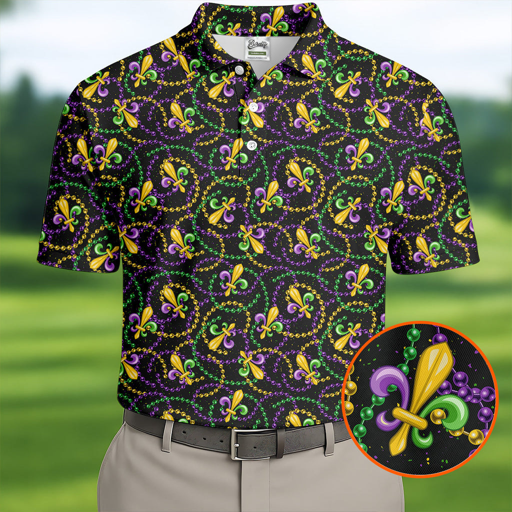 Mardi Gras Beads Purple Green Gold Fleur De Lis Golf Tops For Men, Golf Shirts For Men, Polo ShirtFor Men