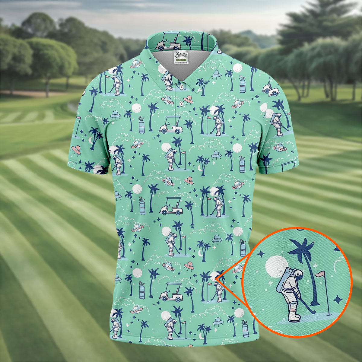 Astronaut Golfing Space Themed Tropical Golf Shirt, Golf Tops For Men, Golf Shirts For Men