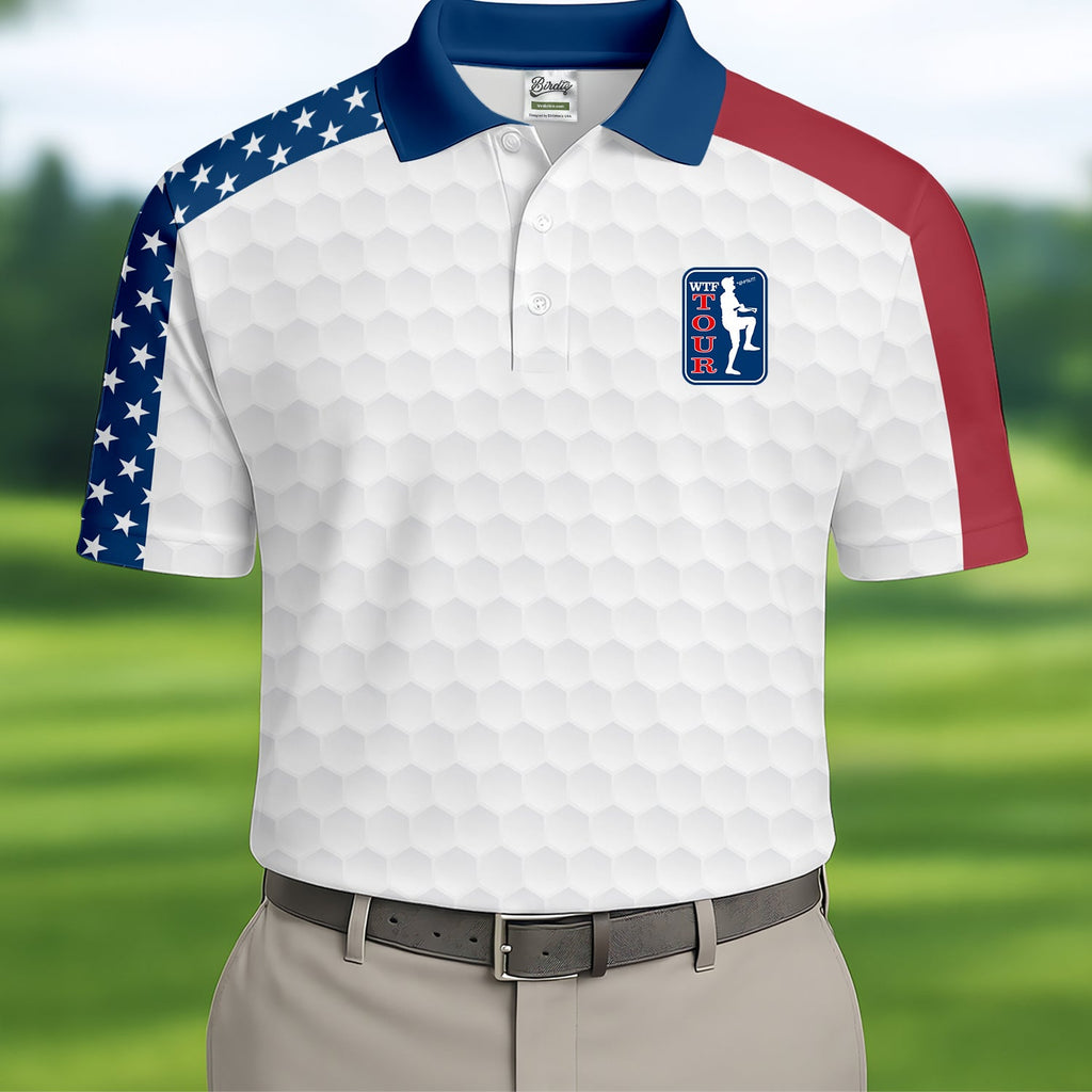WTF Tour Angery Golfer Golf Ball Pattern Red White Blue Golf Shirts For Men, Polo Shirts For Men