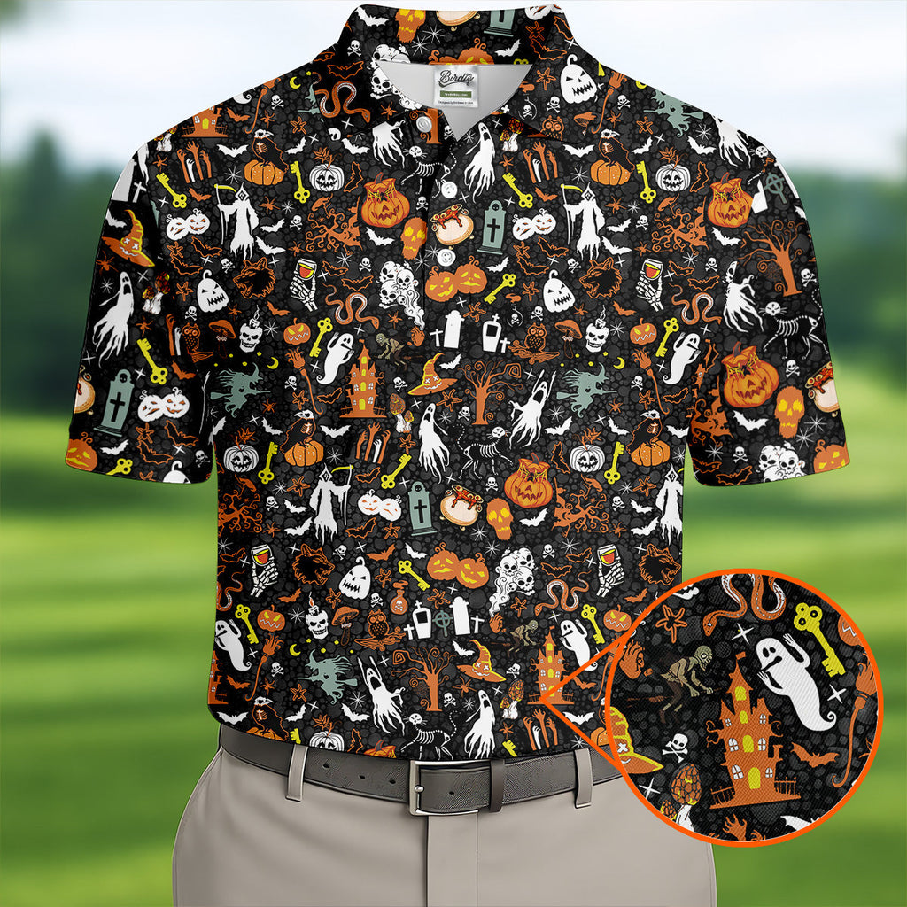 Trick or Treat Spooky Ghost Pumpkin Men's Golf Shirt, Halloween Golf Shirt, Fun Golf Shirts For Mens