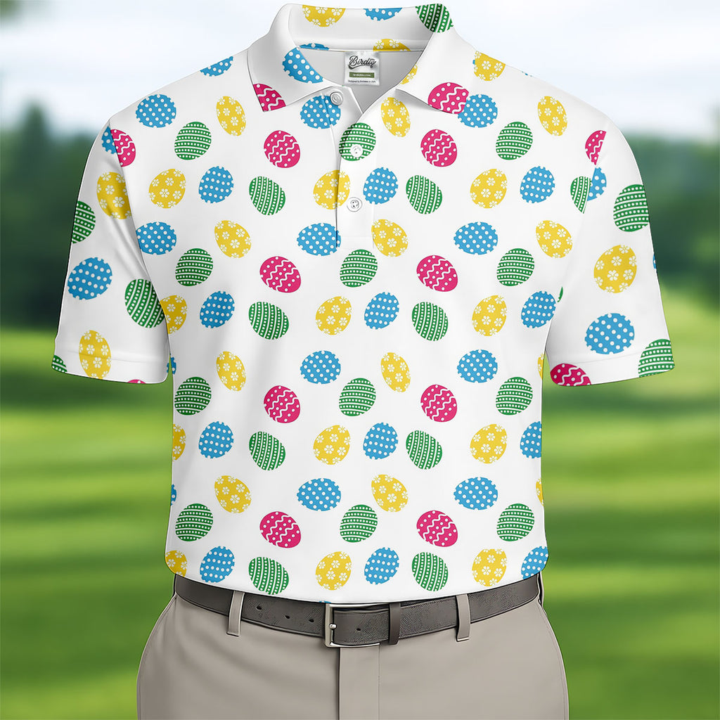 Colorful Easter Eggs White Golf Shirt, Cute Golf Outfit, Polo Shirts For Men, Golf Shirts For Men