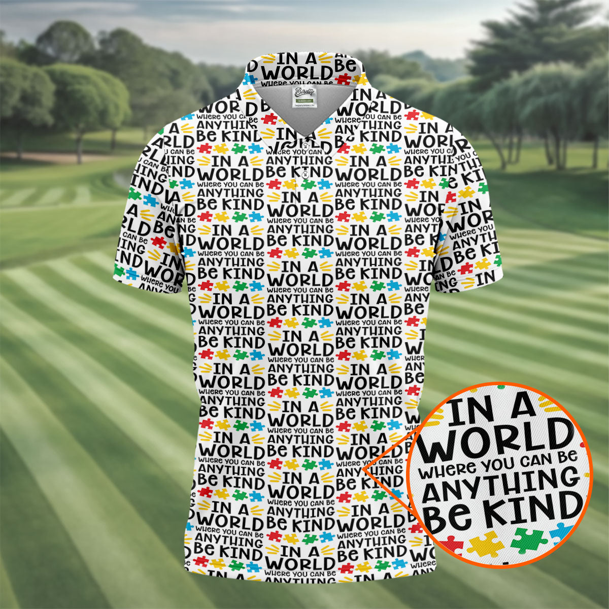 In A World Where You Can Be Anything Be Kind Autism Awareness Puzzle Pattern White Golf Shirt, Polo ShirtFor Men