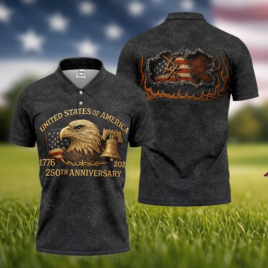 Bald Eagle American Flag 250th Anniversary Dark Grey Color Golf Shirts For Men, Polo Shirts For Men