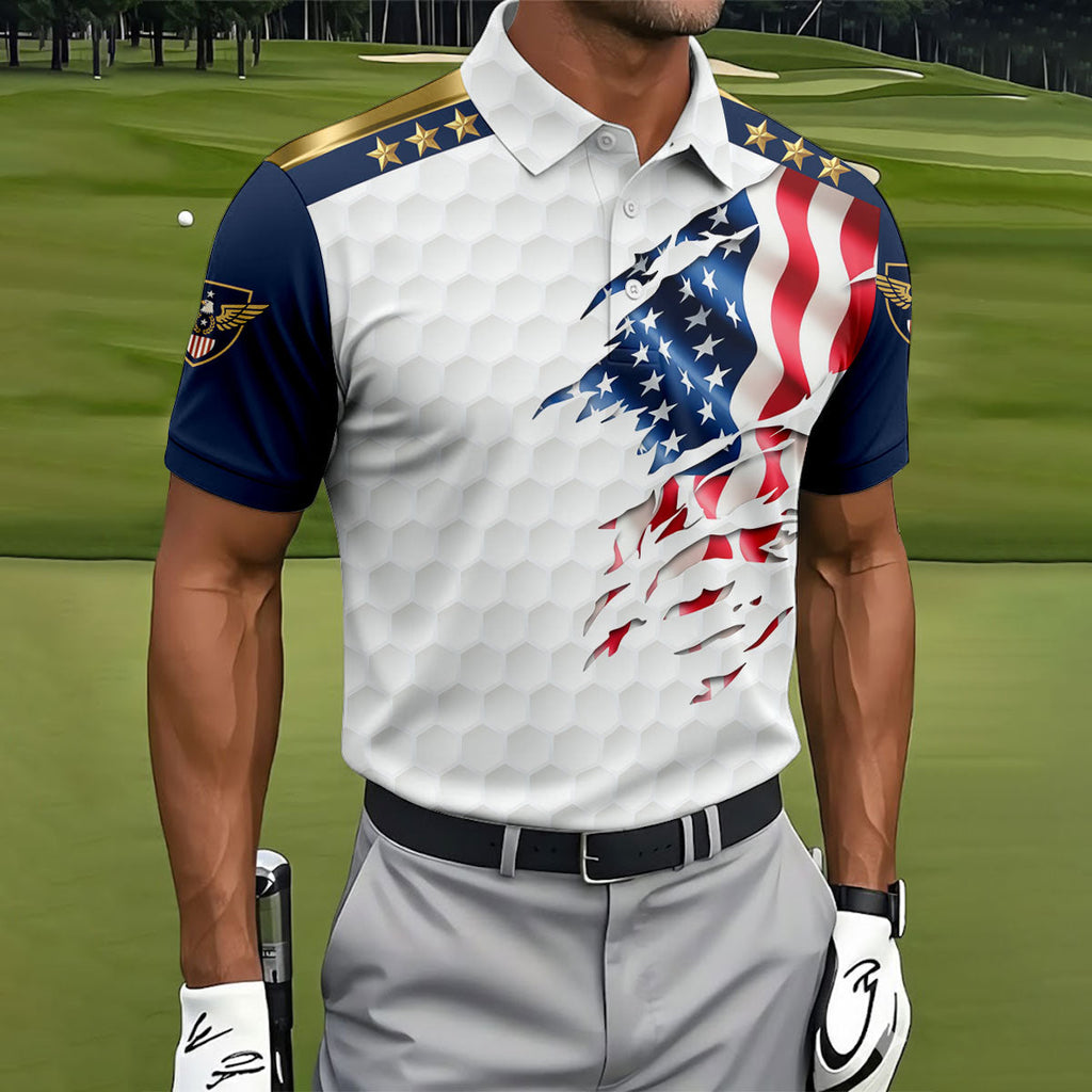 Rugged American Flag With Golf Ball Pattern 4th Of July Golf Tops For Men, 250th Anniversary Patriotic Golf Shirt