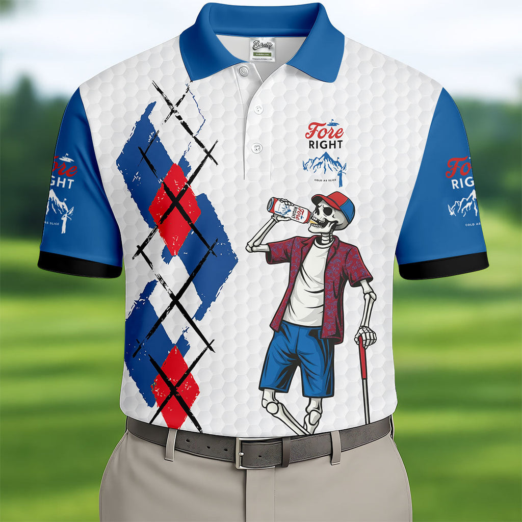 Fore Right Funny Skeleton Golf And Beer Red White Men's Funny Golf Shirts, Polo ShirtFor Men