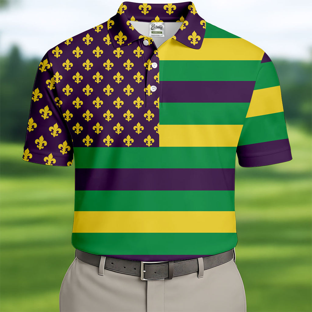 Mardi Gras Flags Fleur De Lis Purple Green Gold Golf Tops For Men, Polo Shirts For Men, Golf Shirts For Men