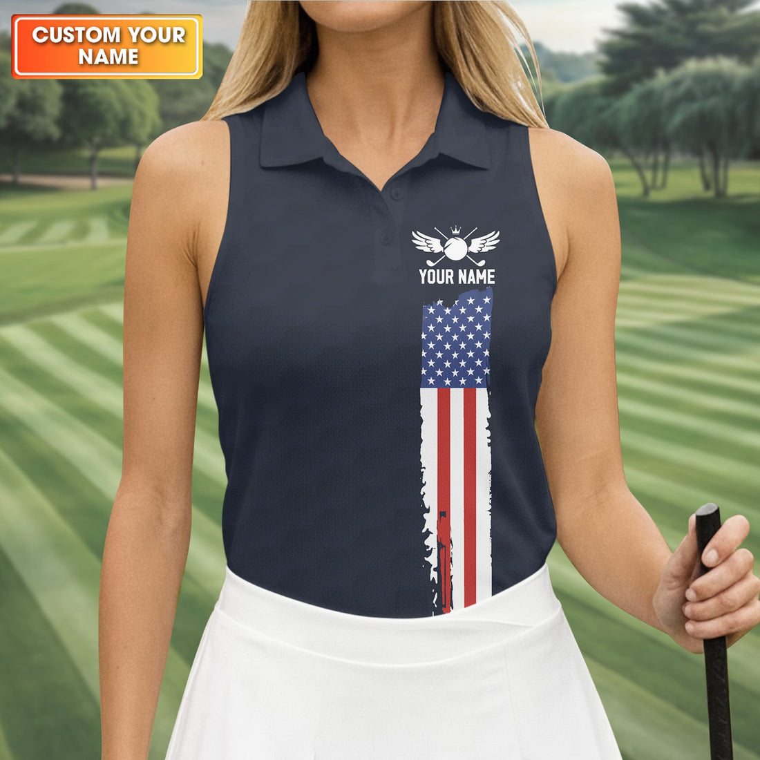 I Put It In Every Hole American Flag Patriot Red White Blue Women's Golf Shirts, 250th Anniversary Ladies Golf Shirt