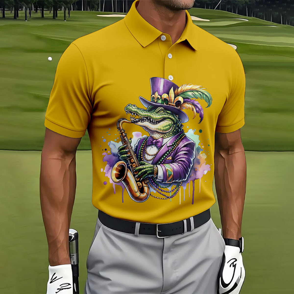 Mardi Gras Alligator Playing Saxophone Yellow Golf Shirt, Golf Shirts For Men, Polo Shirts For Men