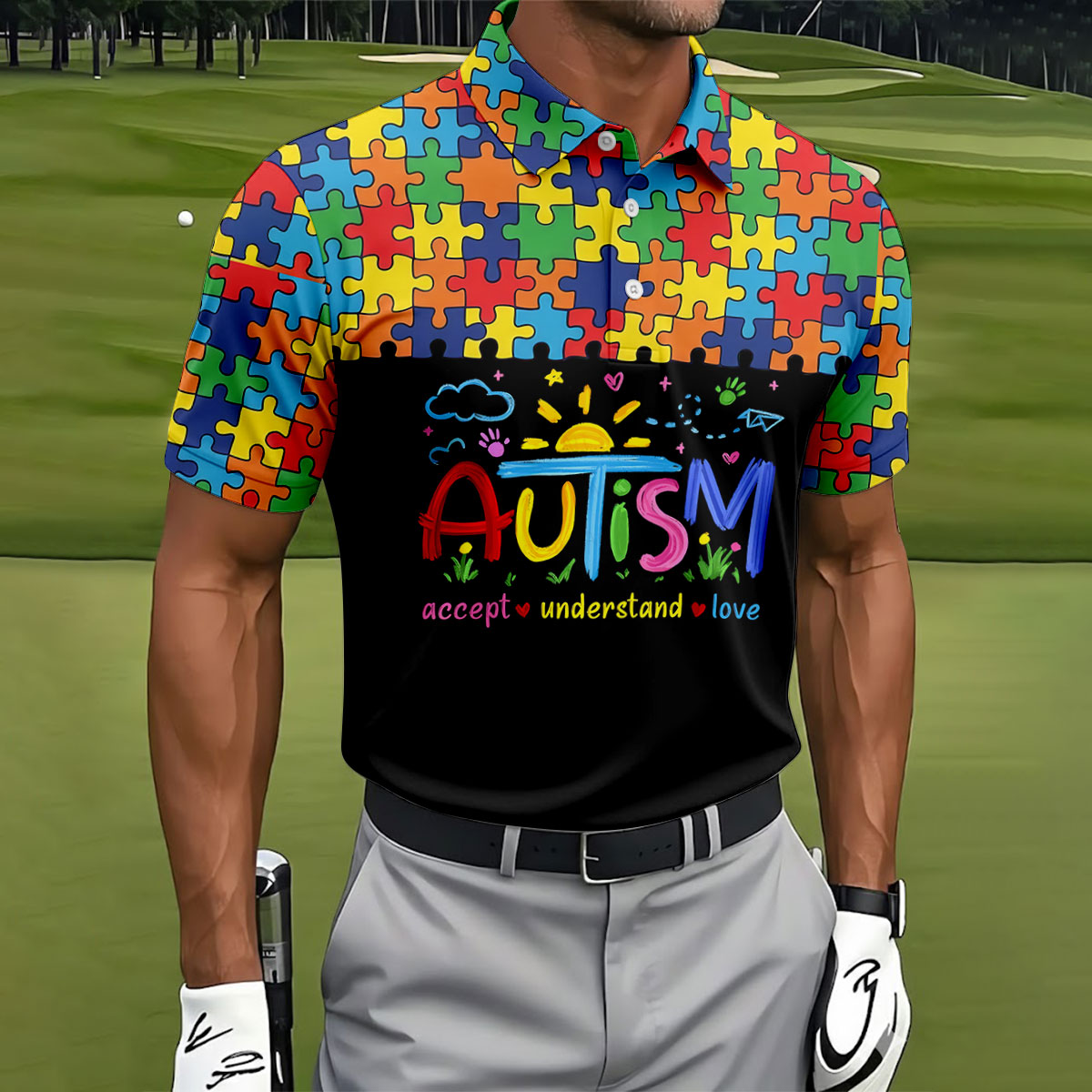 Awareness Accept Understand Love Colorful Puzzle Golf Shirt, Polo Shirts For Men, Golf Shirts For Men