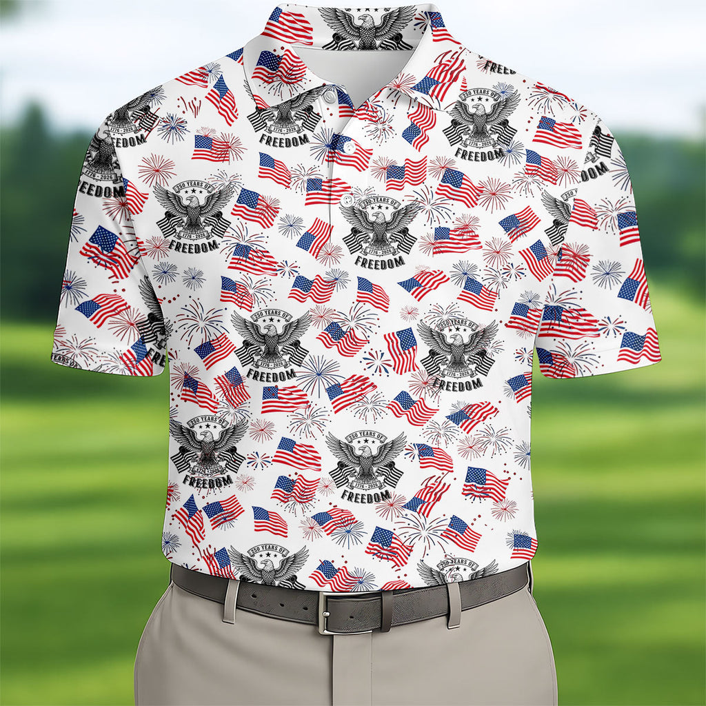 250 Years Of Freedom Festive Flag Vintage White Golf Shirt, Patriotic 4th Of July Golf Shirts For Men