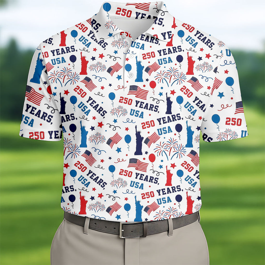 250 Years USA Red White Blue Seamless Pattern White Golf Shirt, Patriotic 4th Of July Golf Shirts For Men