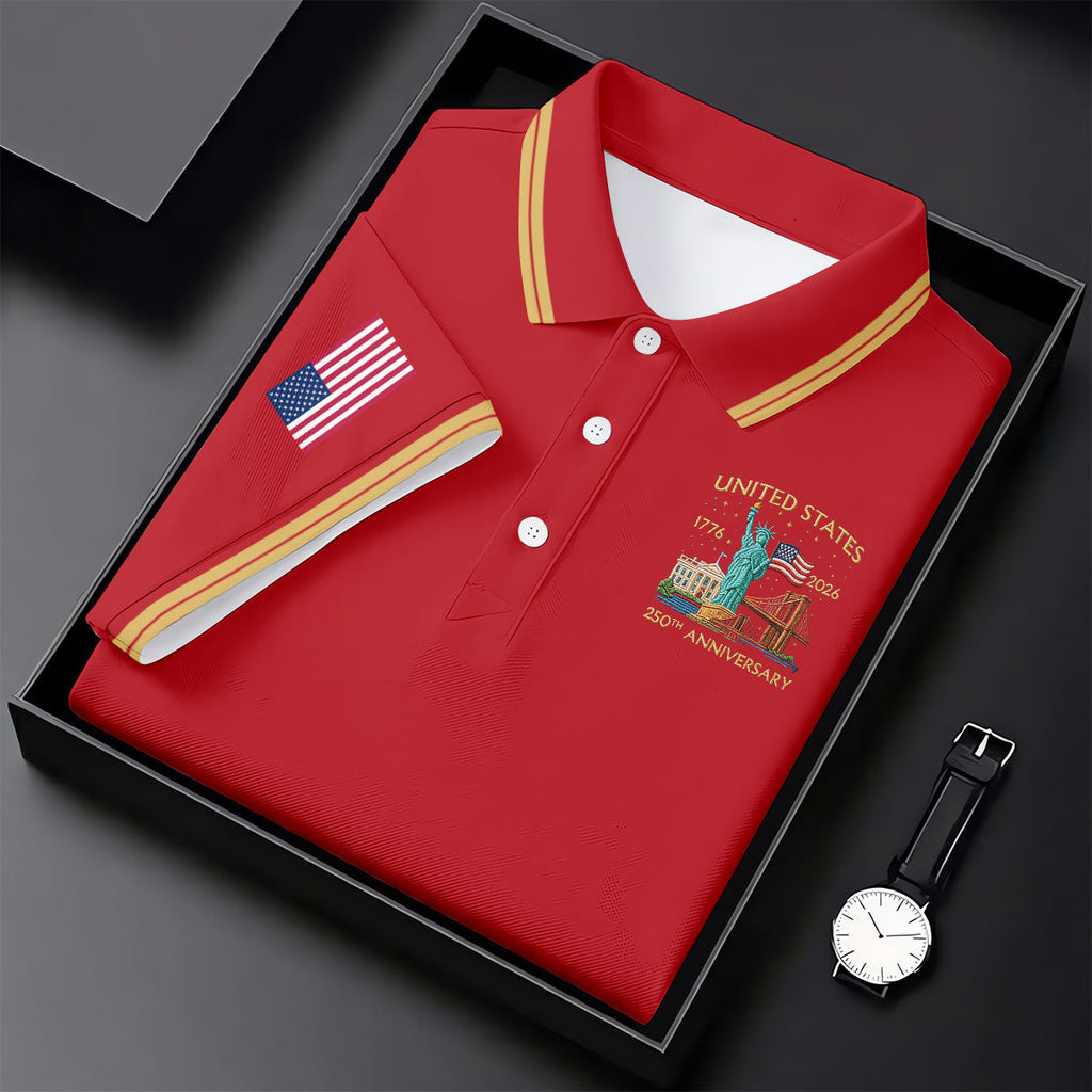 American Symbols Red Patriotic Golf Shirt, US 250 Years 4th Of July Golf Shirts For Men
