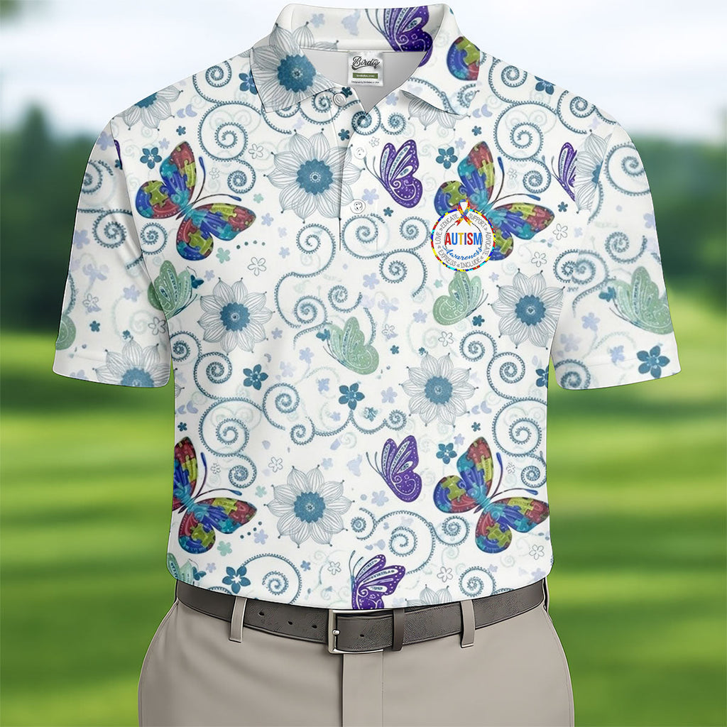 Autism Awareness Flower And Butterfly Puzzle Ribbon Men's Golf Shirt, Polo Shirts For Men