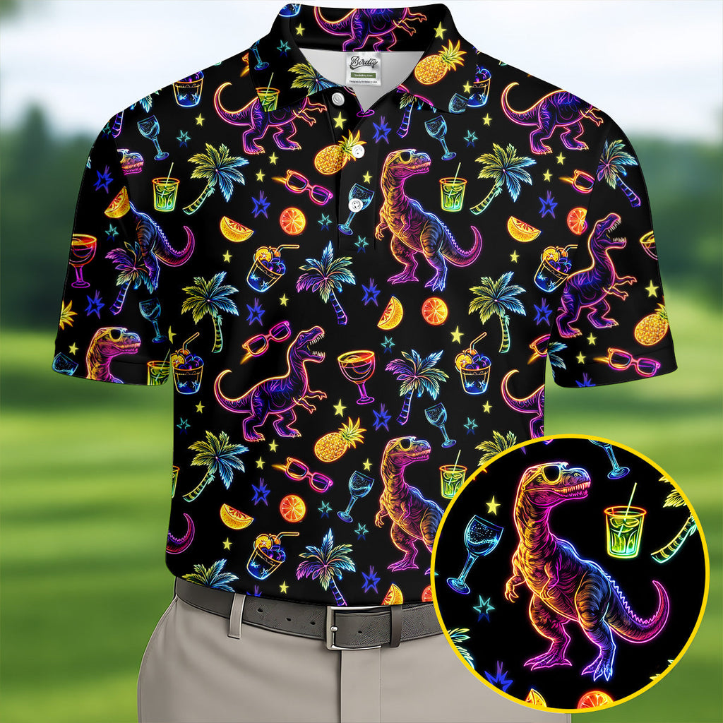Neon Dinosaur Tropical Theme Hawaiian Golf Shirt, Polo Shirts For Men, Golfing Apparel