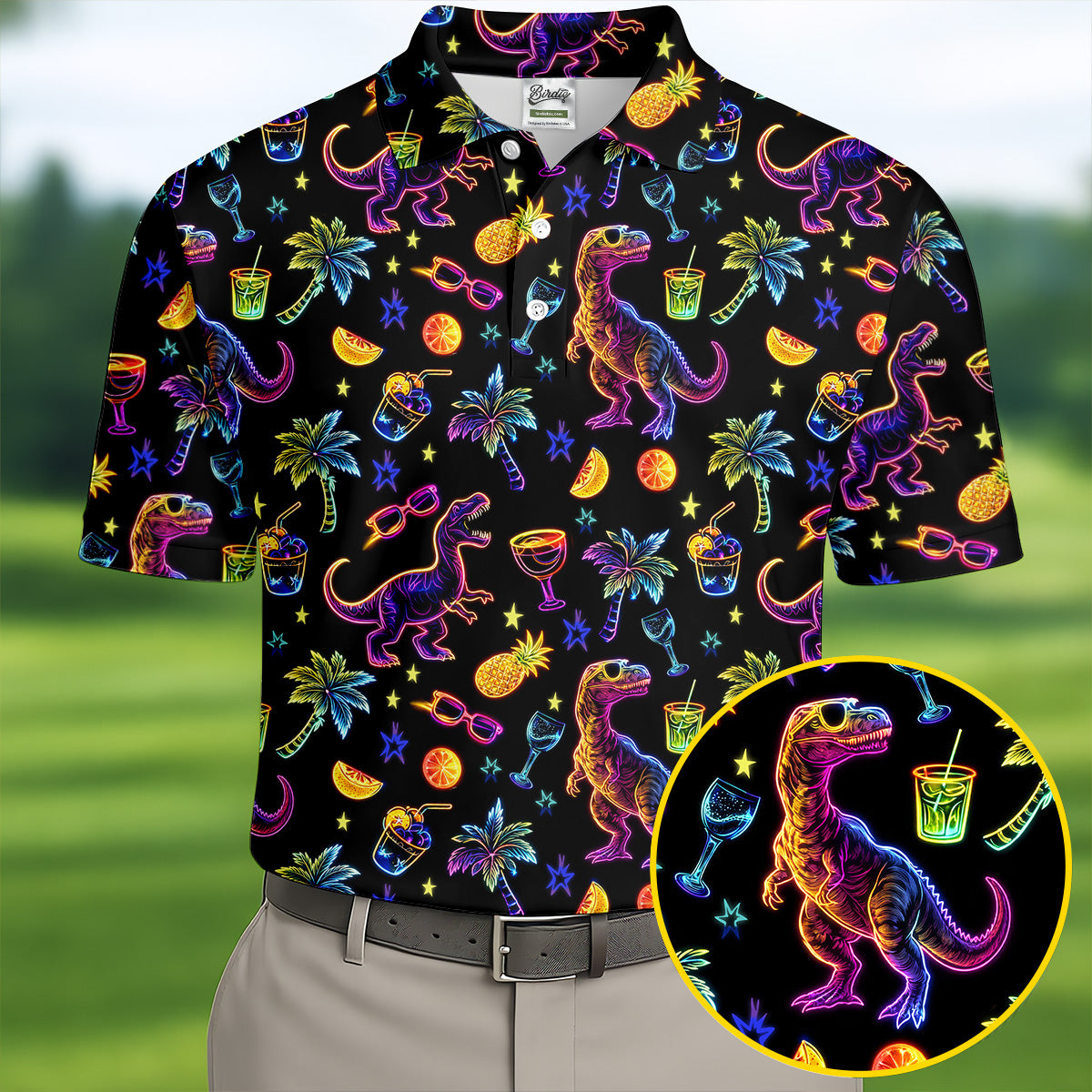 Neon Dinosaur Tropical Theme Hawaiian Golf Shirt, Polo Shirts For Men, Golfing Apparel