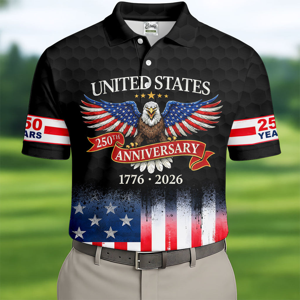 US Bald Eagle 250th Anniversary Celebration Ribbon Black Golf Shirt, Patriotic 4th Of July Golf Shirts For Men