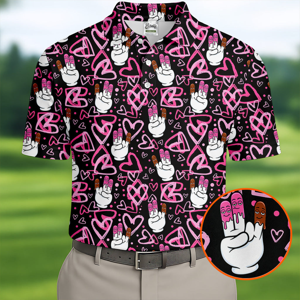 Chocolate Fingers Adult Humor Heart Pattern Fun Golf Shirts For Men, Valentines Golf Gift, Polo Shirts For Men