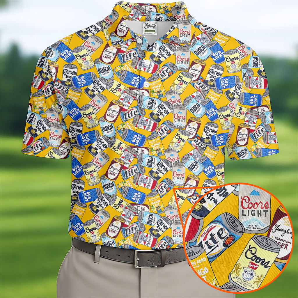 American Beer Cans Yellow Golf Shirt, Golf And Beer Polo ShirtFor Men, Golf Shirts For Men