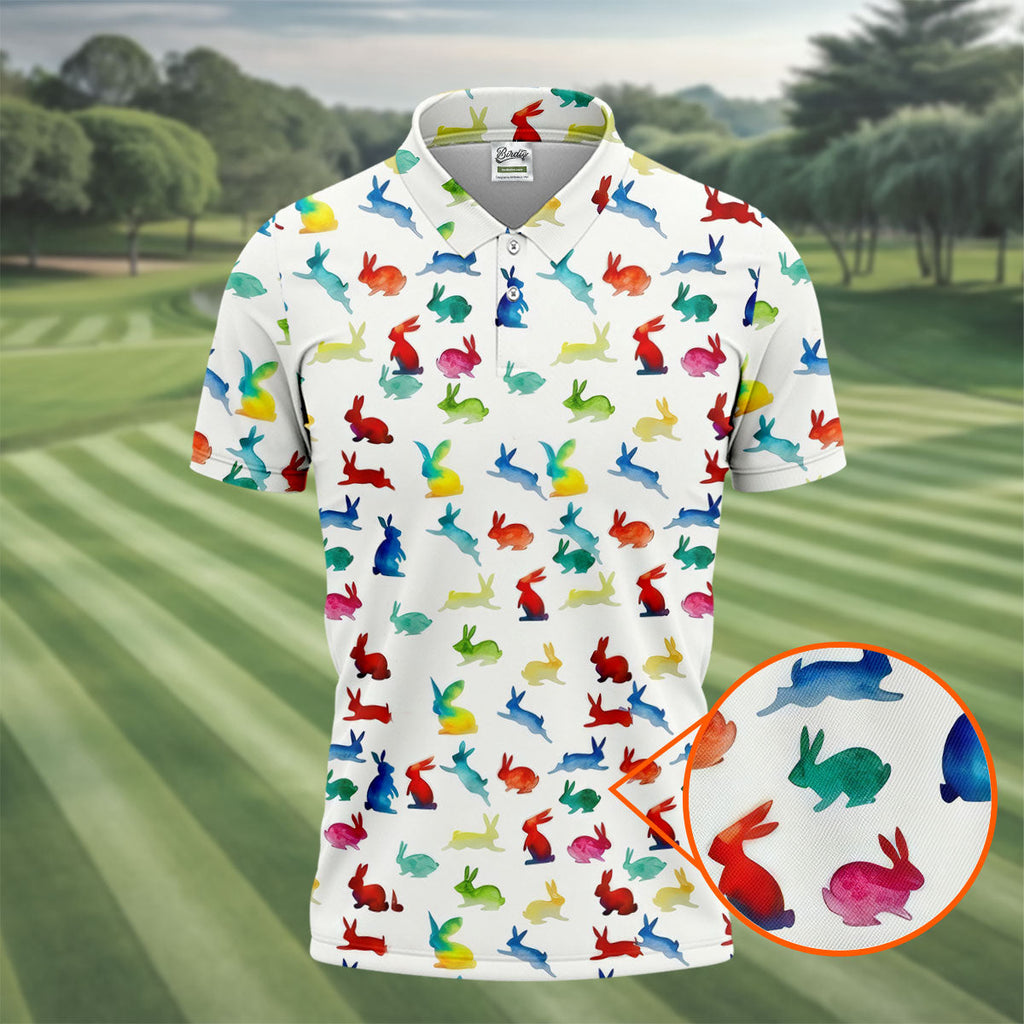 Colorful Bunny Funny Golf Shirt, Easter Bunny Pattern Golf Tops For Men, Golf Shirts For Men