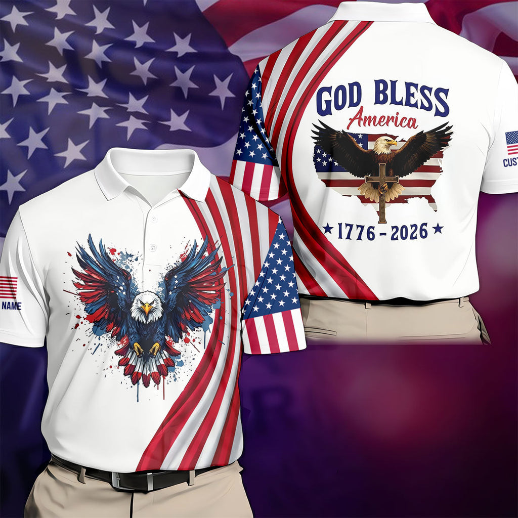 God Bless America 250 Years US Flag Golf Shirt, Patriotic 4th Of July Golf Shirts For Men