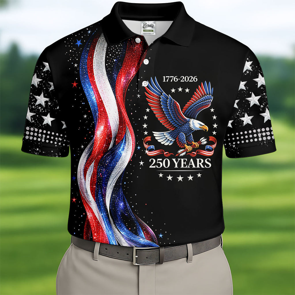 America Bald Eagle Red And White Striped Ribbon 4th Of July Golf Shirt, 250th Anniversary Golf Shirts For Men