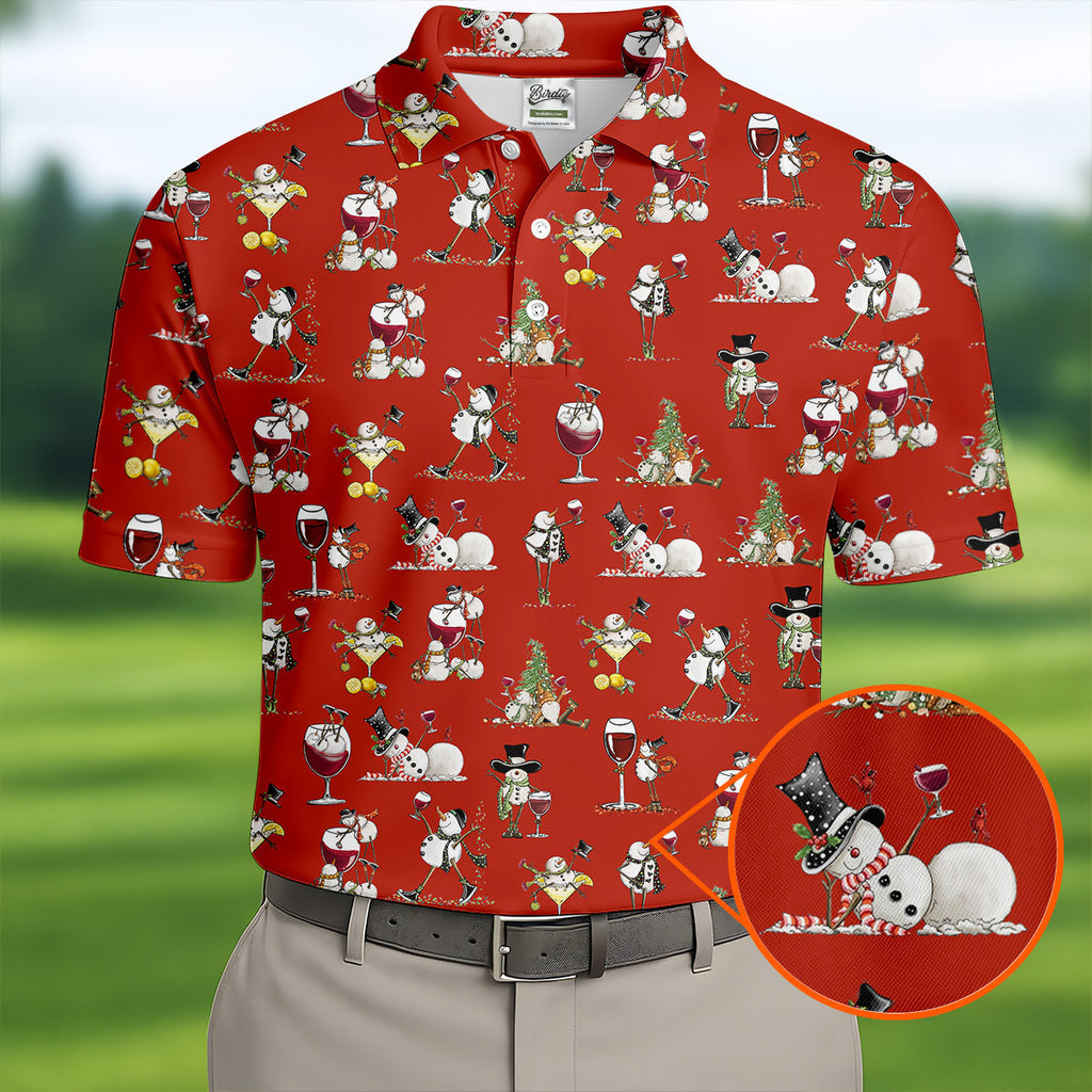 Funny Snowman Drinking Wine Red Golf Shirt, Christmas Golf Shirt, Polo Shirts For Men, Golf Gift For Men