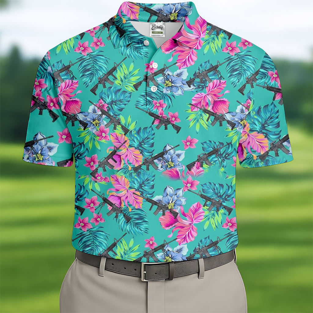 Hawaiian Floral With Army Theme Golf Shirts For Men, Polo Shirts For Men, Golfing Apparel