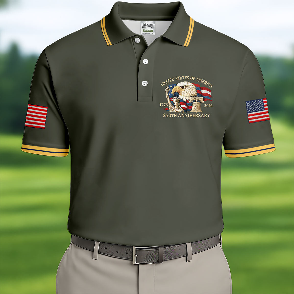Bald Eagle American Flag 250 Years Green Golf Shirt, Patriotic 4th Of July Golf Shirts For Men