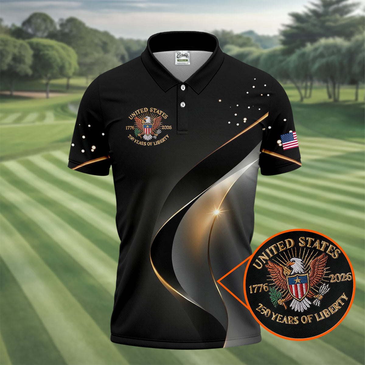 US 250 Years Of Liberty American Flag And Bald Eagle Black Golf Shirt, Patriotic 4th Of July Golf Shirts For Men