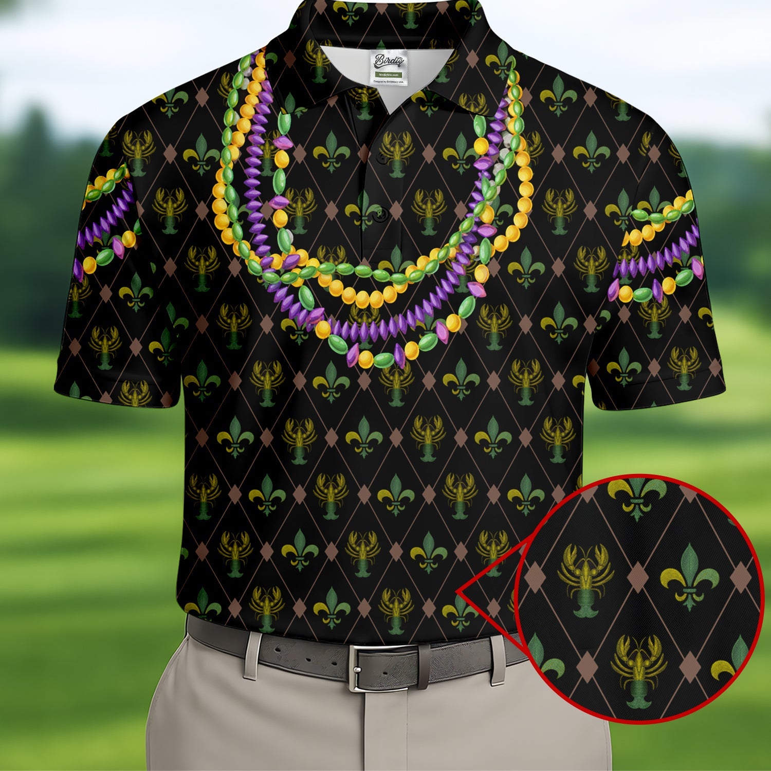 Mardi Gras Purple Green Gold Beads Chain Fleur De Lis Argyle Pattern Black Golf Shirt, Men's Golf Polo Shirts