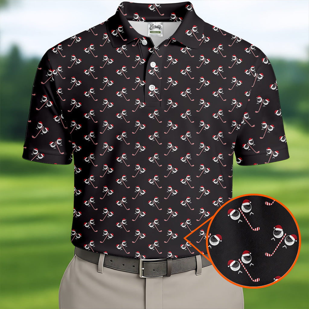 Funny Christmas Candy Cane Pattern Black Golf Shirt, Polo Shirts For Men, Christmas Golf Shirt