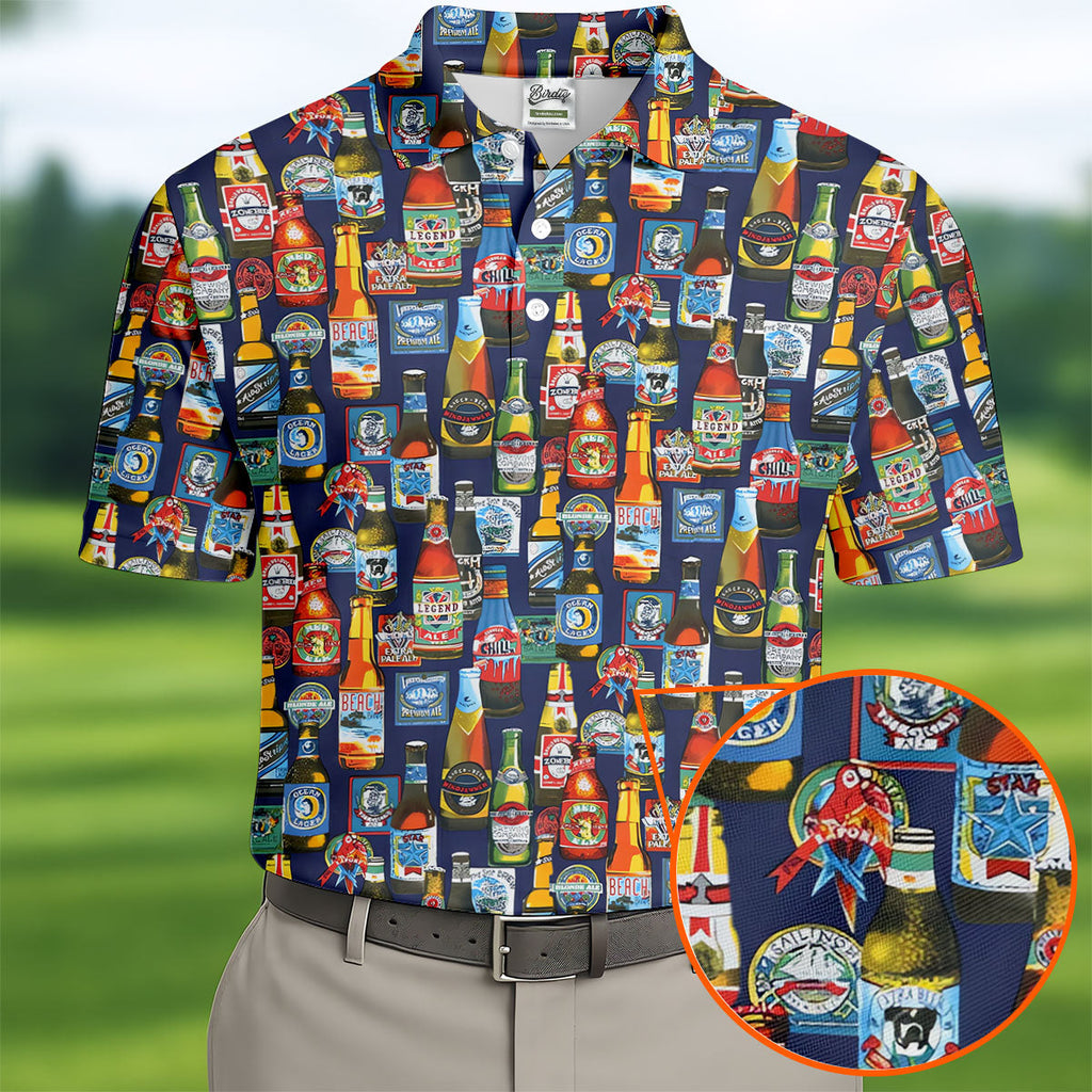 Beer Bottle Labels Navy Golf Shirt, Men's Funny Golf Shirts, Golf Tops For Men, Golf Shirts For Men