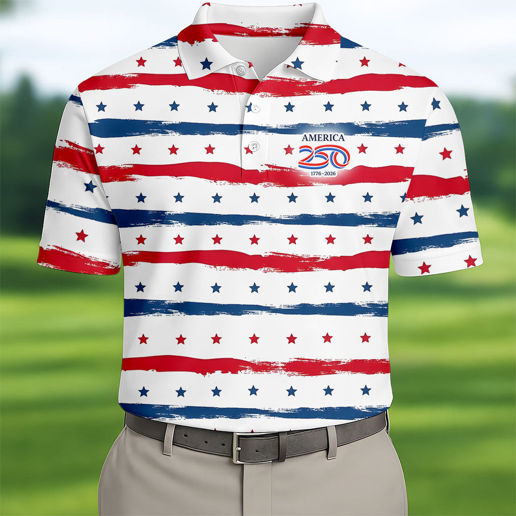 America 250 Red White Blue Stars And Stripes Golf Tops For Men, Patriotic 4th Of July Golf Shirts For Men