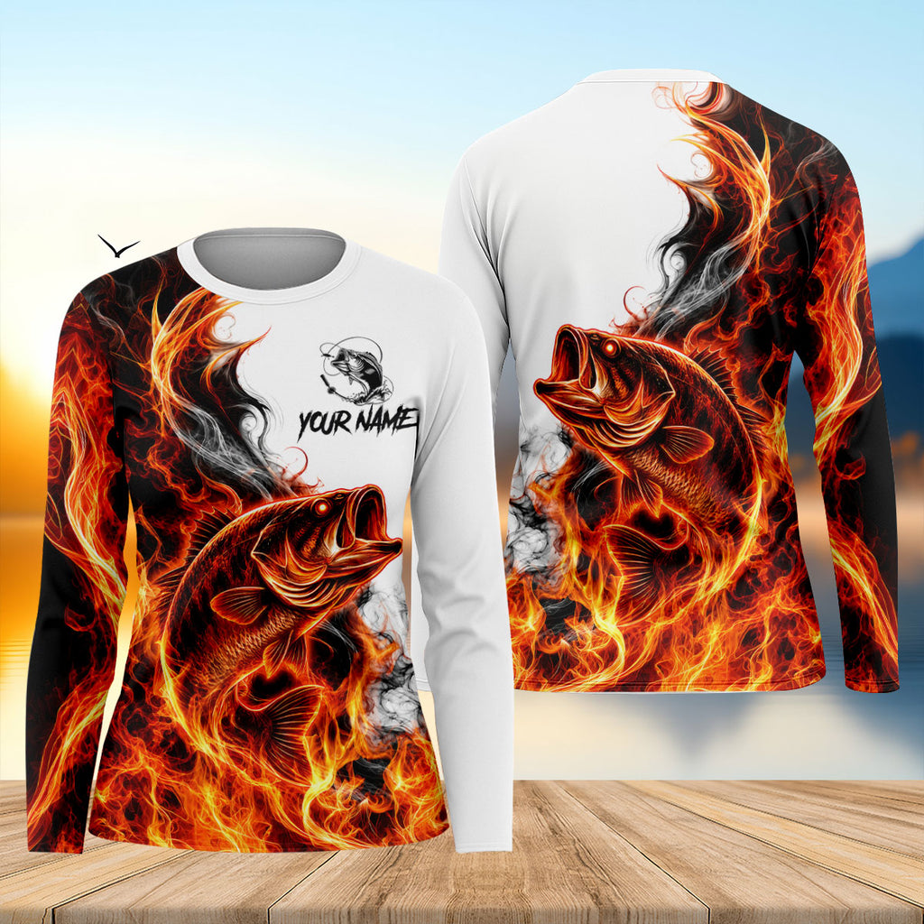 Your Name Fire Bass Fishing UPF Shirt, Fishing Shirts For Women, Performance Fishing Shirt
