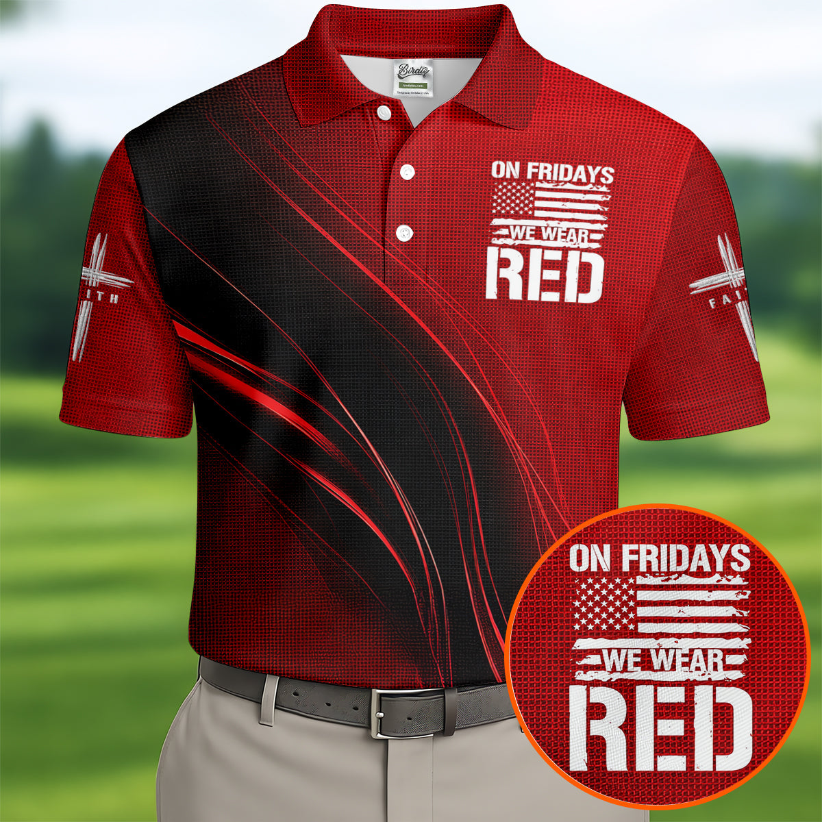 On Friday We Wear Red Faith Cross Red Black Gradient Patriotic Golf Shirt, 250 Years Polo Shirts For Men