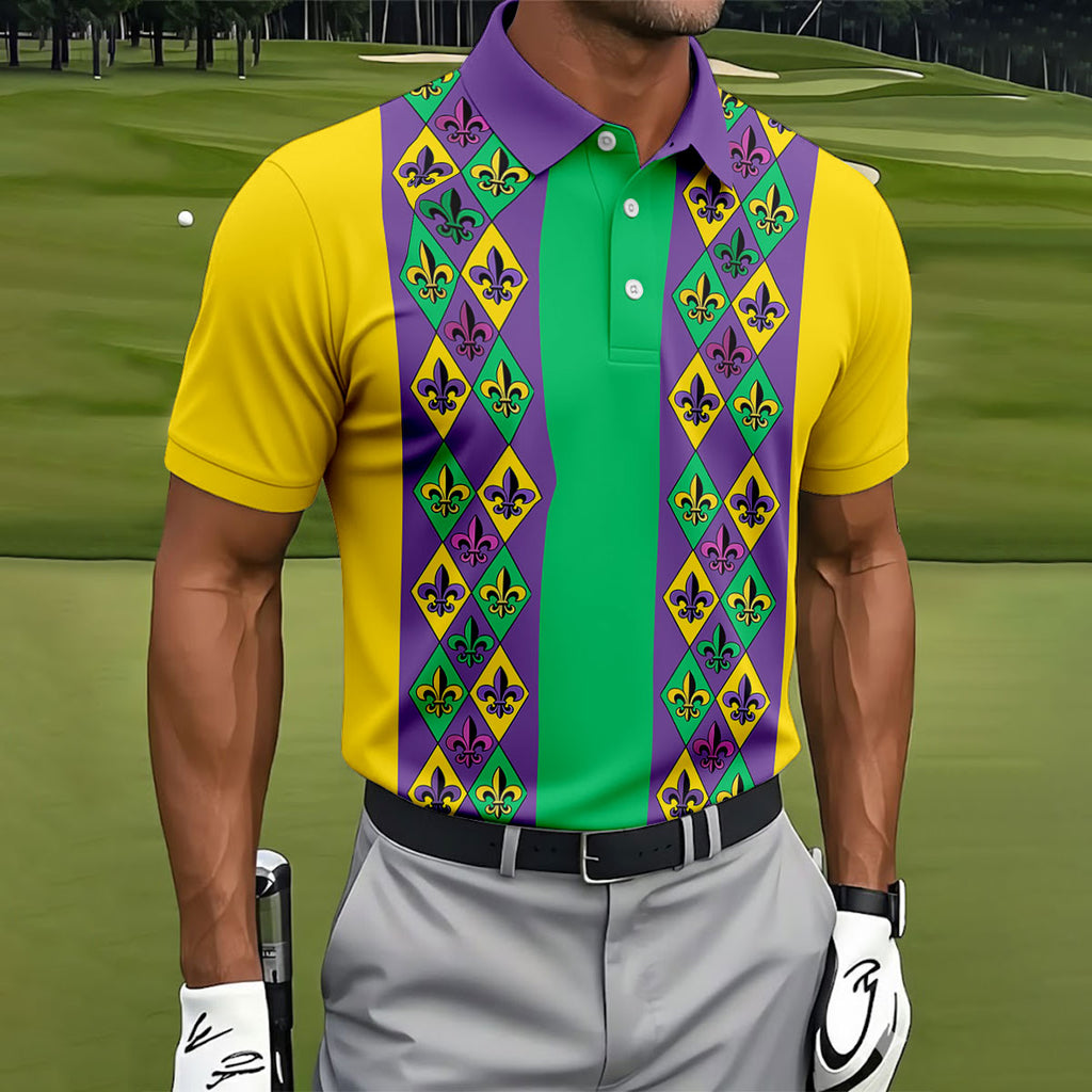 Purple Green Gold Fleur De Lis Argyle Pattern Mardi Gras Golf Shirt, Golf Shirts For Men, Polo Shirts For Men