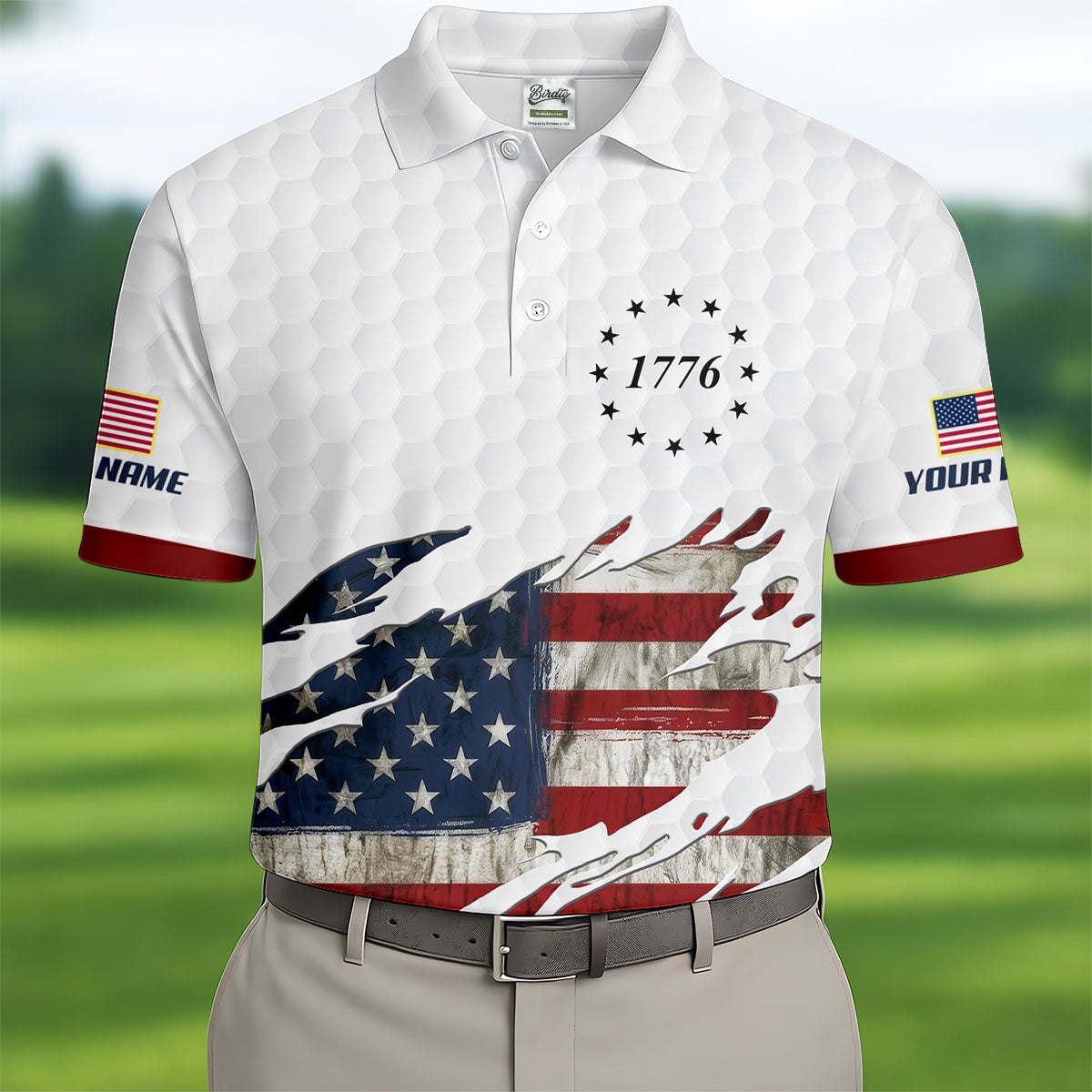 American Flag 1776 Golf Ball Pattern Golf Shirts For Men, 250th Anniversary Polo Shirts For Men
