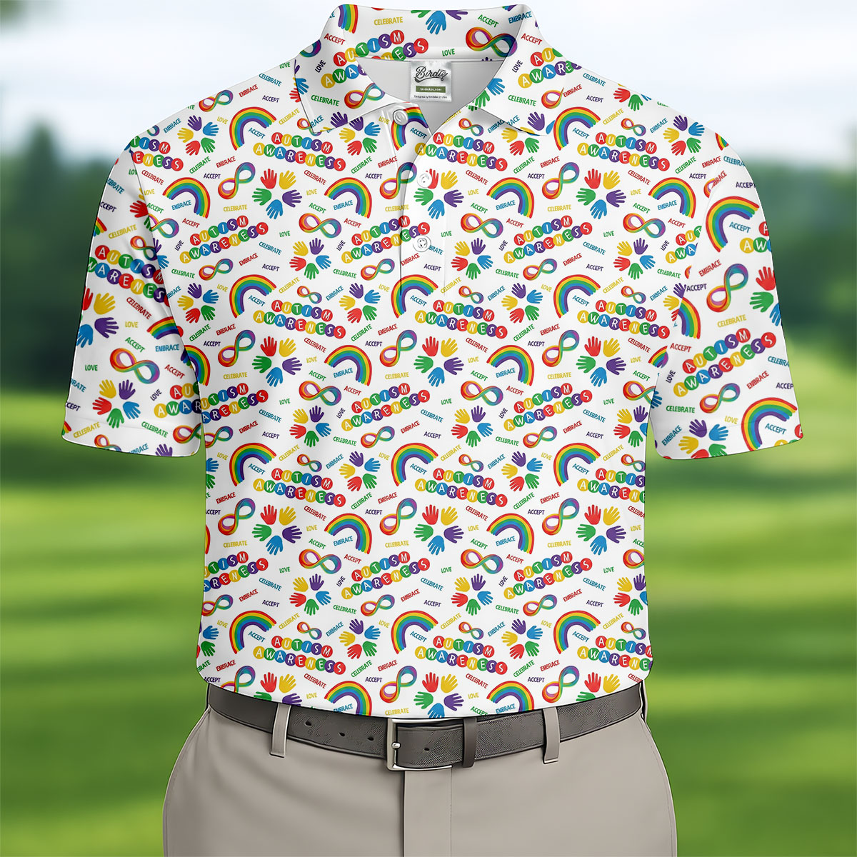 Autism Awareness Rainbow Pattern Colorful Handprints White Golf Shirt, Polo Shirts For Men