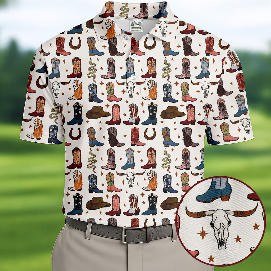 Western Cowboy Boots Horseshoes Pattern Retro Golf Shirt, Polo Shirts For Men, Golf Shirts For Men