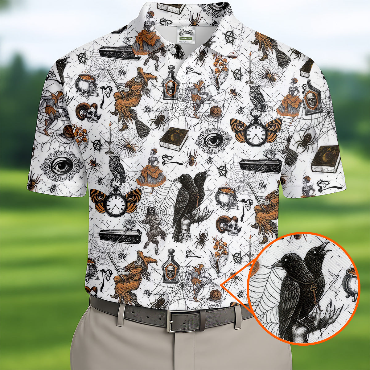 Spider Witch Skull Black Crow Men's Golf Shirt, Halloween Golf Shirt, Halloween Shirt For Men