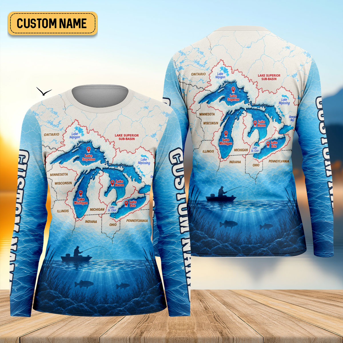 Personalized Great Lakes Fishing Map UPF Shirt, Womens Fishing Shirt, Fishing Apparel Shirt